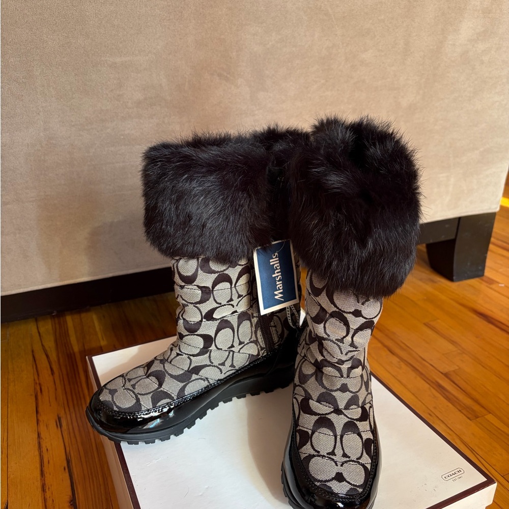Coach Brown & Black Signature Fur-Trim Winter Boots